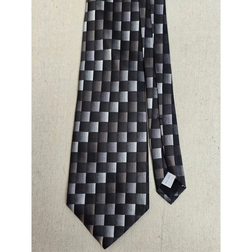 Burma Bibas Mens Silk Necktie Black Grey Silver Geometric Checkered Grid Pattern